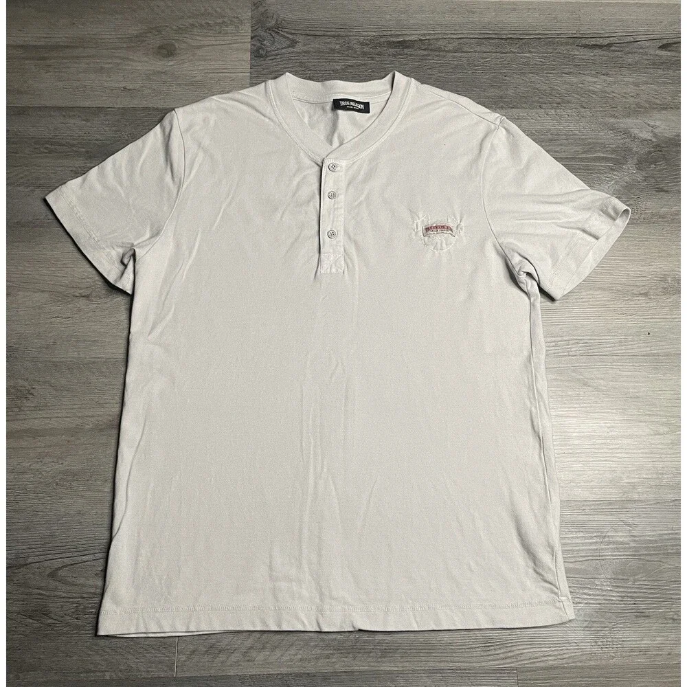 True Religion Men’s SS Pique Mineral Patch Henley White Tee Sz M